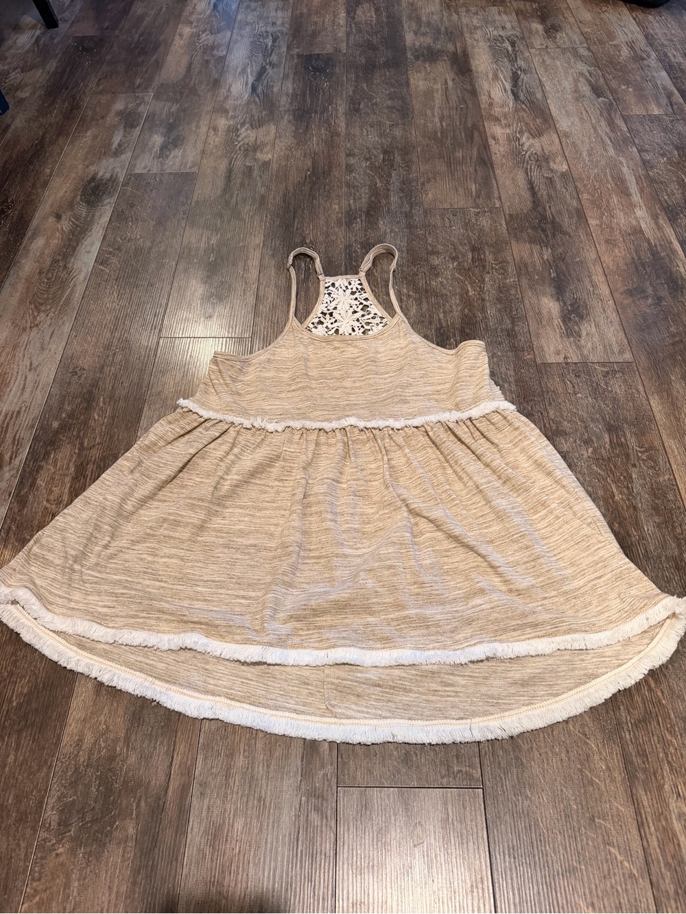 Altar'd State Beige Fringe Tank Dress with Lace Racerback